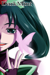 Rule 34 | 00s, 1girl, bloom, bug, butterfly, dark cure (yes! precure 5), dark mint, fingerless gloves, gloves, green eyes, green hair, highres, insect, long hair, magical girl, matching hair/eyes, nishi koutarou, open mouth, out of frame, portrait, precure, simple background, smile, solo, white background, yes! precure 5