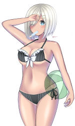 Rule 34 | 10s, 1girl, absurdres, ball, bare shoulders, beachball, bikini, blue eyes, breasts, cowboy shot, dark-skinned female, dark skin, eating, eyes visible through hair, food, front-tie top, hair ornament, hair over one eye, hairclip, hamakaze (kancolle), highres, kantai collection, mizukoshi (marumi), navel, one eye closed, popsicle, short hair, side-tie bikini bottom, silver hair, simple background, skindentation, solo, stomach, swimsuit, tan, thighs, underboob, undersized clothes