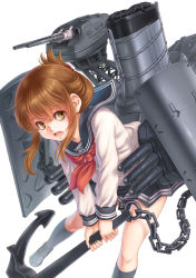 Rule 34 | 10s, 1girl, anchor, bad id, bad pixiv id, black footwear, black skirt, black socks, brown hair, cannon, chain, eyebrows, folded ponytail, hair between eyes, hair ornament, highres, holding, inazuma (kancolle), kantai collection, kneehighs, kosai takayuki, leaning forward, legs apart, loafers, long hair, long sleeves, machinery, miniskirt, neckerchief, open mouth, pleated skirt, school uniform, serafuku, shoes, simple background, skirt, socks, solo, standing, torpedo, turret, white background