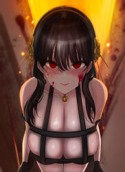 Rule 34 | 1girl, absurdres, bare shoulders, black dress, black hair, blood, blood on face, blush, breasts, cleavage, dress, gloves, gold hairband, hairband, highres, large breasts, long hair, looking at viewer, red eyes, sidelocks, smile, solo, spy x family, yor briar