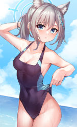 Rule 34 | 1girl, absurdres, animal ear fluff, animal ears, black one-piece swimsuit, blue archive, blue eyes, blue sky, clothes pull, cloud, competition swimsuit, covered navel, cowboy shot, cross hair ornament, day, extra ears, frontal wedgie, grey hair, hair ornament, halo, highres, horizon, looking at viewer, medium hair, mismatched pupils, multicolored clothes, multicolored swimsuit, ocean, one-piece swimsuit, one-piece swimsuit pull, outdoors, pizza (pizzania company), shiroko (blue archive), shiroko (swimsuit) (blue archive), sky, solo, standing, swimsuit, wedgie