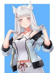 Rule 34 | 1girl, absurdres, alternate costume, animal ear fluff, animal ears, blush, border, cat ears, chest jewel, closed mouth, collarbone, commentary, commission, cosplay, crossover, english commentary, fingerless gloves, fire emblem, fire emblem: three houses, gloves, grey gloves, hand in own hair, highres, holding, holding own hair, igni tion, jacket, long hair, looking at viewer, lysithea von ordelia, mio (xenoblade), mio (xenoblade) (cosplay), nintendo, off shoulder, open clothes, open jacket, outside border, pink eyes, skirt, smile, solo, tank top, tassel, white border, white hair, white skirt, white tank top, xenoblade chronicles (series), xenoblade chronicles 3, zipper