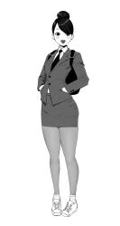 Rule 34 | 1girl, absurdres, backpack, bag, bobobong, breasts, collared shirt, full body, greyscale, hair bun, hands in pockets, highres, looking at viewer, monochrome, necktie, office lady, open mouth, original, pantyhose, pencil skirt, shirt, shoes, simple background, skirt, small breasts, smile, sneakers, solo, swept bangs, white background