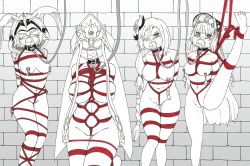 Rule 34 | 4girls, absurdres, arm behind back, bdsm, between breasts, black choker, blush, bondage, bound, bound arms, bound legs, bound together, breast bondage, breasts, choker, cicin mage (genshin impact), clothes gag, collar, crotch rope, dungeon, ecchinoidea, gag, gagged, genshin impact, headwear request, highres, improvised gag, kidnapped, leash, leg up, looking at another, looking at viewer, mirror maiden (genshin impact), moontraveller, mouth stuffed, multiple girls, nipple bondage, nipple clamps, nipple piercing, nipple stimulation, nipple tweak, nipples, no bra, no panties, nude, panties, panty gag, piercing, red rope, restrained, rope, shenhe (genshin impact), shibari, slave, spot color, underwear, yun jin (genshin impact)