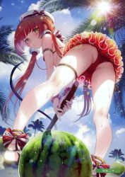 Rule 34 | 1girl, absurdres, anklet, armband, ass, bent over, bikini, blue sky, blunt bangs, blush, breasts, cloud, cloudy sky, day, food, from behind, from below, fruit, green eyes, hat, highres, holding, holding stick, ikezaki misa, jewelry, long hair, looking at viewer, looking back, low twintails, melon, melonbooks, nail polish, non-web source, original, outdoors, palm tree, parted lips, red bikini, red hair, sandals, sky, small breasts, solo, stick, suikawari, sun, sun flare, swimsuit, thigh strap, thighs, tree, twintails, very long hair, watermelon, wet, yellow eyes