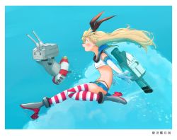 Rule 34 | 1girl, animal ears, blonde hair, blue eyes, blue sky, boots, breasts, commentary request, elbow gloves, fake animal ears, gloves, hairband, kantai collection, kitsuneno denpachi, lifebuoy, midriff, navel, open mouth, pleated skirt, rabbit ears, rensouhou-chan, shimakaze (kancolle), shirt, skirt, sky, sleeveless, sleeveless shirt, small breasts, striped clothes, striped thighhighs, swim ring, thighhighs, torpedo launcher, translation request