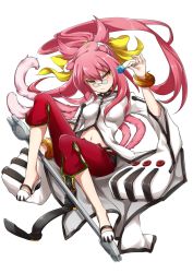 Rule 34 | 1girl, animal ears, bad id, bad pixiv id, bags under eyes, blazblue, bow, bracelet, breasts, candy, capri pants, cat ears, cat tail, food, frown, full body, glasses, hair bow, highres, jewelry, kokonoe (blazblue), lollipop, long hair, multiple tails, navel, nirugeruge, pants, pince-nez, pink hair, ponytail, red pants, shoes, slit pupils, small breasts, solo, tail, transparent background, two side up, wide sleeves, wrench, yellow eyes