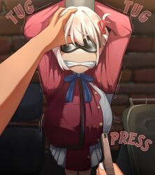 arms_behind_head bdsm black_blindfold blindfold blonde_hair bondage bound bound_arms breast_press captured cloth_gag defeat gag highres improvised_gag lycoris_recoil necktie nishikigi_chisato xsilentho