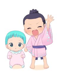 Rule 34 | 1boy, 1girl, aged down, aqua hair, arm up, black hair, blush, brother and sister, closed eyes, commentary request, full body, hasami (hasami25), high ponytail, japanese clothes, kouzuki hiyori, kouzuki momonosuke, looking at viewer, one piece, open mouth, ponytail, salute, short hair, siblings, simple background, smile, standing, traditional clothes, white background