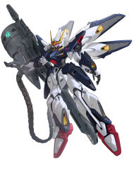 Rule 34 | absurdres, cable, flying, gun, gundam, highres, holding, holding gun, holding weapon, mechanical wings, mobile suit, monoeye gundams, no humans, one-eyed, open hand, pink eyes, science fiction, sd gundam, sd gundam g-generation, sisquiede, v-fin, weapon, white background, wing (wingho), wings