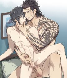 Rule 34 | 2boys, abs, anal, bed, cum, cum in ass, cumdrip, drooling, erection, final fantasy, final fantasy xv, gladiolus amicitia, handjob, highres, male focus, male penetrated, multiple boys, muscular, nipples, noctis lucis caelum, nude, penis, pillow, precum, reach-around, scar, sex, size difference, sweat, tattoo, uncensored, wince, yaoi, zehel az
