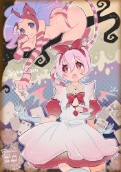 Rule 34 | 2girls, alice in wonderland, animal ears, ass, bikini, blue eyes, breasts, card, cat ears, cat tail, claws, dress, felicia (vampire), gloves, highres, jewelry, large breasts, lilith aensland, multiple girls, pink hair, playing card, ring, swimsuit, tail, vampire, vampire (game), wings, yumecan2