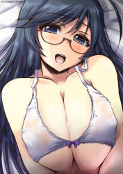 Rule 34 | 1girl, ahoge, black eyes, black hair, bra, breasts, cleavage, clip studio paint (medium), from above, girls und panzer, glasses, isuzu hana, large breasts, long hair, looking at viewer, lying, on back, open mouth, shinshin, smile, solo, teeth, underwear, upper body, upper teeth only, white bra