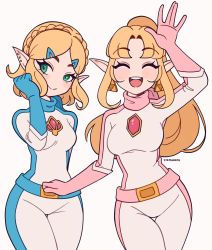 Rule 34 | 2girls, artist name, blonde hair, blue gloves, blush, bodysuit, cowboy shot, cremanata, crossover, curvy, earrings, eyelashes, female focus, gloves, green eyes, happy, high ponytail, highres, jewelry, long hair, looking at viewer, mario (series), mario kart, multiple girls, nintendo, no nose, open mouth, pink gloves, pointy ears, ponytail, princess zelda, raised eyebrows, rupee (zelda), short hair, smile, standing, teeth, the legend of zelda, the legend of zelda: a link between worlds, the legend of zelda: breath of the wild, thigh gap, thighs, triforce, triforce earrings, upper teeth only, white background