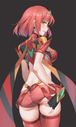 Rule 34 | 1girl, ahoge, artist request, ass, ass grab, black background, blush, bob cut, breasts, circlet, cowboy shot, fingerless gloves, from behind, gloves, grin, large breasts, looking at viewer, looking back, nintendo, pyra (xenoblade), red eyes, red hair, red shorts, red thighhighs, scarf, shiny clothes, shiny skin, short hair, short shorts, shorts, sideboob, simple background, skindentation, smile, solo, thighhighs, xenoblade chronicles (series), xenoblade chronicles 2