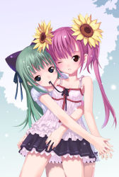 Rule 34 | 2girls, blue eyes, copyright request, fancyfantasia, flower, green hair, kiira, mouth hold, multiple girls, pink hair, red eyes, sunflower, twintails, yuri