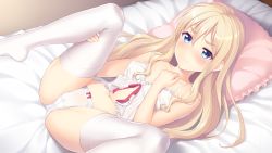 Rule 34 | 1girl, absurdres, babydoll, bad id, bad pixiv id, bed, bed sheet, blonde hair, blue eyes, blush, bow, bow panties, breasts, cameltoe, frills, highres, lingerie, long hair, looking at viewer, lying, navel, no shoes, on back, original, panties, pillow, rikorin, small breasts, solo, spread legs, thighhighs, underwear, underwear only, white babydoll, white panties, white thighhighs