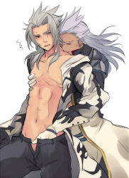 Rule 34 | 2boys, abs, ansem seeker of darkness, armor, bare pectorals, black coat, black gloves, black pants, closed eyes, coat, commentary request, dark skin, elbow gloves, gloves, grey hair, hand in another&#039;s pants, hand on another&#039;s chest, hug, hug from behind, kingdom hearts, kingdom hearts ii, kiss, kissing neck, long hair, looking back, male focus, minatoya mozuku, multiple boys, nipples, notice lines, open clothes, open coat, open fly, open mouth, pants, parted bangs, pauldrons, pectorals, shoulder armor, sidelocks, simple background, spiked hair, standing, sweatdrop, upper body, white background, white gloves, xemnas, yaoi, yellow eyes