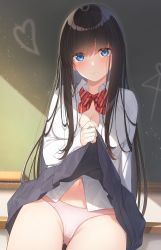 Rule 34 | 1girl, ai ai gasa, black hair, black skirt, blue eyes, bow, bowtie, breasts, chalkboard, cleavage, closed mouth, clothes lift, collared shirt, commentary request, go-1, heart, highres, lifted by self, long hair, looking at viewer, medium breasts, navel, original, panties, pink panties, pleated skirt, red neckwear, school uniform, shirt, sidelocks, sitting, skirt, skirt lift, solo, striped bow, striped bowtie, striped clothes, striped neckwear, thighs, underwear, uniform, white shirt