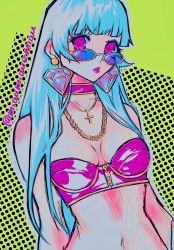 Rule 34 | 1girl, bare shoulders, blue eyeshadow, blue hair, breasts, chain, chain necklace, choker, cleavage, collarbone, cross, cross necklace, earrings, eyebrows hidden by hair, eyelashes, eyeshadow, glasses, gold chain, green background, highres, jewelry, kula diamond, light blue hair, lips, long hair, long sleeves, makeup, medium breasts, navel, necklace, outline, parted lips, poririna, purple choker, purple eyes, purple lips, skindentation, solo, straight hair, the king of fighters, twitter username, very long hair, zipper pull tab