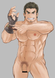 Rule 34 | 1boy, :d, abs, absurdres, aged up, arm hair, bar censor, bara, censored, chest hair, completely nude, cowboy shot, facial hair, flaccid, foreskin, forked eyebrows, goatee, grin, highres, takabushi kengo, large pectorals, long sideburns, male focus, male pubic hair, mature male, muscular, muscular male, navel, nipples, nude, open mouth, pectorals, penis, pubic hair, short hair, sideburns, smile, solo, stubble, tatatan (ts kon2), thick eyebrows, thick thighs, thighs, tokyo houkago summoners