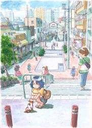 Rule 34 | 6+boys, 6+girls, ^ ^, absurdres, balcony, blue hair, blue sky, blush, border, building, calico, car, cat, cityscape, closed eyes, cloud, crowd, day, extra, fading border, highres, idolmaster, idolmaster million live!, idolmaster million live! theater days, lantern, long hair, looking back, medium hair, motor vehicle, multiple boys, multiple girls, outdoors, parted bangs, petting, pole, power lines, puffy short sleeves, puffy sleeves, railing, sandals, shirt, short hair, short sleeves, sign, sky, smile, squatting, stairs, stool, table, toyokawa fuka, tree, wading, wavy hair, we mura shino, window, yellow shirt