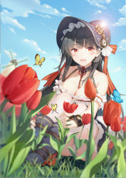 Rule 34 | 1girl, absurdres, black hair, black hat, blue sky, breasts, bug, butterfly, collarbone, day, flower, hat, highres, huge filesize, indomitable (warship girls r), insect, long hair, looking at viewer, medium breasts, mole, mole under eye, outdoors, panties, red eyes, red flower, sitting, sky, solo, thighhighs, underwear, warship girls r, white panties, white thighhighs, windmill, yinqi