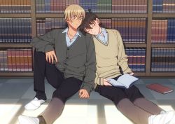 Rule 34 | 2boys, amuro tooru, black pants, blonde hair, blue eyes, blue shirt, blush, book, bookshelf, brown cardigan, brown hair, buttons, cardigan, casual, checkered floor, closed eyes, closed mouth, collared shirt, commentary request, grey shirt, hair between eyes, head on another&#039;s shoulder, holding, holding book, indoors, k (gear labo), knee up, kudou shin&#039;ichi, leaning on person, long sleeves, looking at another, male focus, meitantei conan, multiple boys, open book, pants, shirt, shoes, short hair, side-by-side, sitting, sleeping, sleeping on person, sleeping upright, sneakers, white footwear, yaoi