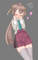Rule 34 | 1girl, absurdres, blue necktie, brown hair, cowboy shot, dated, dress, closed eyes, grey background, grey thighhighs, hair ribbon, hands on own face, heart, highres, kantai collection, kazagumo (kancolle), kazagumo kai ni (kancolle), long hair, maru (marg0613), necktie, one-hour drawing challenge, ponytail, purple dress, ribbon, simple background, solo, standing, thighhighs, twitter username