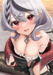Rule 34 | 1girl, amaner, bare shoulders, black collar, black hair, blush, breasts, camisole, cleavage, collar, collarbone, earrings, fang, fingerless gloves, frilled camisole, frills, gloves, hair ornament, heart collar, heart pendant, highres, hololive, jewelry, large breasts, looking at viewer, looking up, medium hair, multicolored hair, off-shoulder jacket, off shoulder, open mouth, red eyes, sakamata chloe, silver hair, solo, streaked hair, virtual youtuber, white camisole, x hair ornament