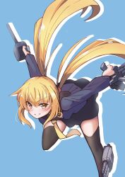 Rule 34 | 1girl, 702 (naotsu), absurdres, adapted turret, black sailor collar, black skirt, black thighhighs, blonde hair, blue background, blue jacket, cannon, crescent, crescent pin, highres, jacket, kantai collection, long hair, low twintails, necktie, parted lips, pleated skirt, running, sailor collar, satsuki (kancolle), satsuki kai ni (kancolle), school uniform, serafuku, skirt, smile, solo, thighhighs, turret, twintails, yellow eyes, yellow necktie