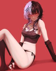 Rule 34 | 1girl, absurdres, bare shoulders, black hair, black nails, breasts, cleavage, crop top, elbow gloves, fingerless gloves, gloves, hair ornament, highres, hololive, hololive english, jewelry, large breasts, looking at viewer, medium hair, midriff, multicolored hair, multiple rings, navel, panties, red background, ring, shiori novella, shiori novella (1st costume), side-tie panties, simple background, sitting, smile, solo, spicyyrum, split-color hair, underwear, virtual youtuber, white hair, yellow eyes