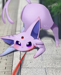 Rule 34 | blush, closed mouth, collar, creatures (company), espeon, forehead jewel, forked tail, game freak, gen 2 pokemon, leash, nintendo, no humans, nurunuruparty26, pokemon, pokemon (creature), purple eyes, purple hair, sidelocks, solo, tail, twitter username