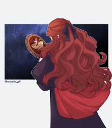 Rule 34 | 1girl, artist name, blue robe, elden ring, hair between eyes, highres, long hair, looking at mirror, lunar princess ranni, miqueliafantasia, mirror, night, night sky, open mouth, red hair, reflection, robe, sky, solo, standing, sweat, twitter username, wavy hair, yellow eyes