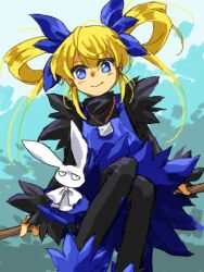 Rule 34 | 1girl, black footwear, black pantyhose, blonde hair, blue dress, blue eyes, blue ribbon, broom, broom riding, character request, closed mouth, commentary request, copyright request, dress, flat chest, hair ribbon, hair rings, jewelry, kaigen 1025, looking at viewer, necklace, pantyhose, ribbon, sketch, smile