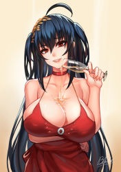 Rule 34 | 1girl, ahoge, alcohol, arm under breasts, artist name, azur lane, bare shoulders, black hair, breast lift, breasts, champagne, champagne flute, choker, cleavage, cocktail dress, collarbone, cup, dress, drinking glass, gradient background, hair between eyes, hair ornament, head tilt, holding, holding cup, huge breasts, long hair, looking at viewer, naughty face, official alternate costume, pouring, pouring onto self, qblade, raised eyebrow, red choker, red dress, red eyes, smirk, solo, taihou (azur lane), taihou (forbidden feast) (azur lane), teeth, two side up, very long hair
