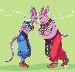 Rule 34 | 10s, 2boys, animal ears, armband, arms behind back, artist name, beerus, brothers, cat ears, champa (dragon ball), colored skin, crossed arms, dragon ball, dragon ball super, earrings, egyptian clothes, fat, fat man, feet together, jewelry, male focus, multiple boys, neck ring, no humans, noses touching, pouty lips, purple skin, raku220p, ribs, siblings, signature, single earring, tail, wrist cuffs