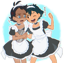 Rule 34 | 2boys, alternate costume, apron, ash ketchum, black hair, blue eyes, brown eyes, clenched hand, commentary request, creatures (company), crossdressing, dark-skinned male, dark skin, dress, eye contact, eyelashes, game freak, goh (pokemon), hair ornament, holding, holding tray, knees, looking at another, maid headdress, male focus, multiple boys, nintendo, open mouth, outline, pokemon, pokemon (anime), pokemon journeys, short sleeves, smile, sweatdrop, teeth, tongue, translation request, tray, ze (0enmaitake)