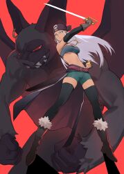 Rule 34 | 1girl, bandana, bandeau, bat (animal), black gloves, black thighhighs, blue dragon, boots, brown gloves, commentary, elbow gloves, english commentary, from below, full body, fur-trimmed boots, fur trim, gloves, green shorts, highres, holding, holding sword, holding weapon, killer bat, knifedragon, layered gloves, long hair, midriff, monster, navel, sheath, short shorts, shorts, sword, thighhighs, weapon, white hair, zola (blue dragon)