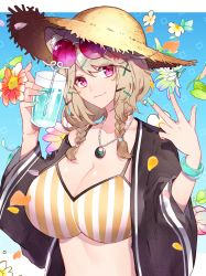 Rule 34 | 1girl, animal ears, aqua nails, arknights, black jacket, breasts, cleavage, closed mouth, crazy straw, drinking straw, eyewear on head, flower, hair ornament, hairclip, hand up, hands up, hat, highres, jacket, jewelry, juice, kyouna, large breasts, looking at viewer, nail polish, necklace, open clothes, open jacket, petals, pink eyes, solo, straw hat, sunglasses, swimsuit, upper body, utage (arknights), utage (summer flowers) (arknights), v, x hair ornament
