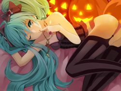 Rule 34 | 1girl, aqua eyes, aqua hair, bow, cross, cross necklace, finger to mouth, garter straps, hair bow, hatsune miku, highres, jack-o&#039;-lantern, jewelry, lingerie, long hair, lying, necklace, on side, one eye closed, ring, rosary, settyaro, solo, striped clothes, striped thighhighs, thighhighs, twintails, underwear, vertical-striped clothes, vertical-striped thighhighs, very long hair, vocaloid, wink