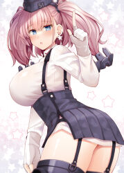 Rule 34 | 1girl, atlanta (kancolle), black hat, black skirt, blue eyes, blush, breasts, brown hair, cowboy shot, earrings, garrison cap, garter straps, gloves, hat, jewelry, kantai collection, large breasts, long hair, long sleeves, looking at viewer, open mouth, partially fingerless gloves, pleated skirt, rui shi (rayze ray), shirt, single earring, skirt, solo, star (symbol), star earrings, two side up, white gloves, white shirt