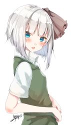 Rule 34 | 1girl, 2016, absurdres, bad id, bad twitter id, blue eyes, blush, dated, from side, hair ribbon, highres, konpaku youmu, looking at viewer, open mouth, ribbon, shirt, short hair, short sleeves, signature, silver hair, simple background, solo, touhou, upper body, varyu, vest, white background