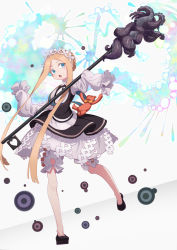 Rule 34 | 1girl, abigail williams (fate), abigail williams (festival outfit) (fate), apron, black skirt, blonde hair, bloomers, blue eyes, broom, butterfly hair ornament, fate/grand order, fate (series), gajumaru09, hair ornament, highres, long hair, long sleeves, maid, maid apron, maid headdress, mary janes, official alternate costume, parted bangs, shoes, skirt, sleeves past fingers, sleeves past wrists, solo, stuffed animal, stuffed toy, teddy bear, tentacles, underwear