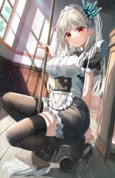 Rule 34 | absurdres, apron, arm behind back, black footwear, black thighhighs, dappled sunlight, dress, frilled dress, frilled hairband, frills, full body, hair ornament, hairband, highres, hiragi ringo, indoors, looking at viewer, maid, maid headdress, mop, squatting, sunlight, thighhighs, thighs, v, wooden floor, zettai ryouiki