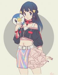 Rule 34 | 1girl, alternate costume, belt, black hair, blue eyes, blush, bracelet, choker, closed mouth, commentary, creatures (company), dawn (pokemon), eyelashes, game freak, gen 4 pokemon, hair ornament, hairclip, hari611, highres, jewelry, long hair, looking at viewer, nail polish, navel, nintendo, on shoulder, piplup, pokemon, pokemon (creature), pokemon dppt, pokemon on shoulder, purple nails, signature, simple background, smile, symbol-only commentary, white belt