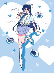 Rule 34 | 1girl, blue background, blue hair, blush, boots, brown eyes, character name, english text, gloves, heart, highres, holding, holding microphone, idol, leg up, long hair, looking at viewer, love live!, matsuzaki black, microphone, multiple persona, necktie, one eye closed, open mouth, pinky out, puffy short sleeves, puffy sleeves, short sleeves, single glove, smile, sonoda umi