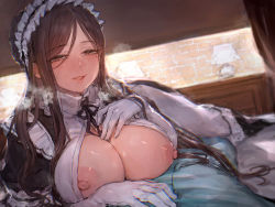 Rule 34 | 1girl, absurdres, akinaga kaede, apron, bed sheet, black dress, black ribbon, blush, braid, breast rest, breasts, breasts out, breath, brick wall, c.cu, collared shirt, crown braid, curvy, day, desk lamp, dress, french braid, frills, gloves, half-closed eyes, heavy breathing, highres, indoors, lamp, large areolae, large breasts, long hair, long sleeves, looking at viewer, lying, maid, maid apron, maid headdress, mole, mole under eye, neck ribbon, nipples, no bra, on back, on bed, open clothes, open mouth, open shirt, original, parted bangs, plump, puffy sleeves, ribbon, shirt, sidelocks, smile, solo, waist apron, white apron, white gloves, white shirt