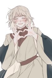 Rule 34 | 1girl, ^ ^, blonde hair, blush, closed eyes, dungeon meshi, facing viewer, falin touden, falin touden (tallman), hands up, heart, heart hands, highres, muj0, open mouth, robe, short hair, simple background, smile, solo, upper body, white background, white robe, wide sleeves