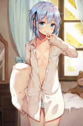 Rule 34 | 1girl, 3:, arm up, blue eyes, blue hair, breasts, closed mouth, cowboy shot, gluteal fold, hair ribbon, hand to own mouth, highres, huwari (dnwls3010), indoors, long sleeves, looking at viewer, navel, open clothes, open shirt, original, panties, ribbon, shirt, short hair, small breasts, solo, striped clothes, striped panties, stuffed animal, stuffed toy, teddy bear, underwear